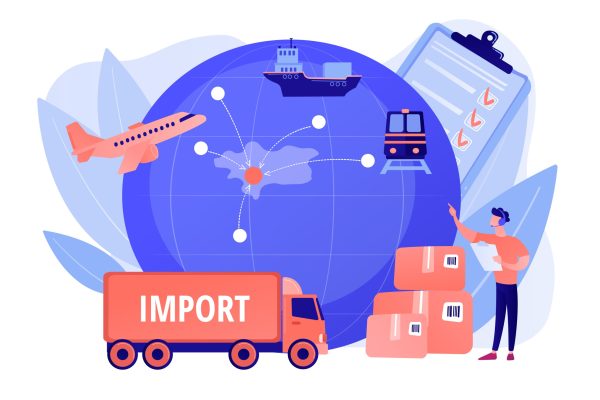 Established international trade routes. Selling goods overseas. Export control, export controlled materials, export licensing services concept. Pinkish coral bluevector isolated illustration