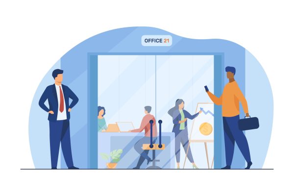Businesspeople walking in corridor to office glass door. Employees at workplaces and presentation board flat vector illustration. Business center concept for banner, website design or landing web page
